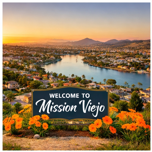 Sunset aerial view of Mission Viejo in South Orange County, California